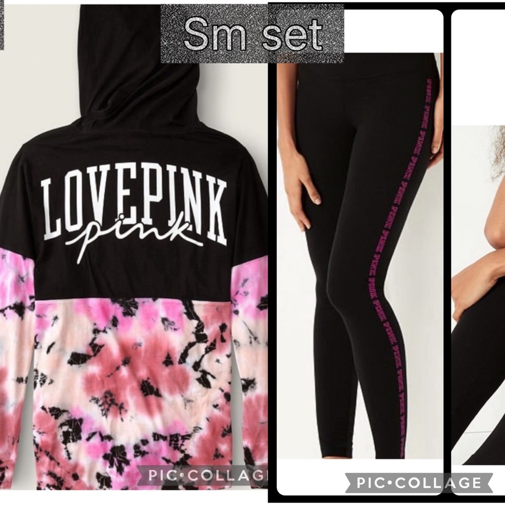 PINK VS cotton high waist legging varsity long sleeve hooded tee shirt sm set